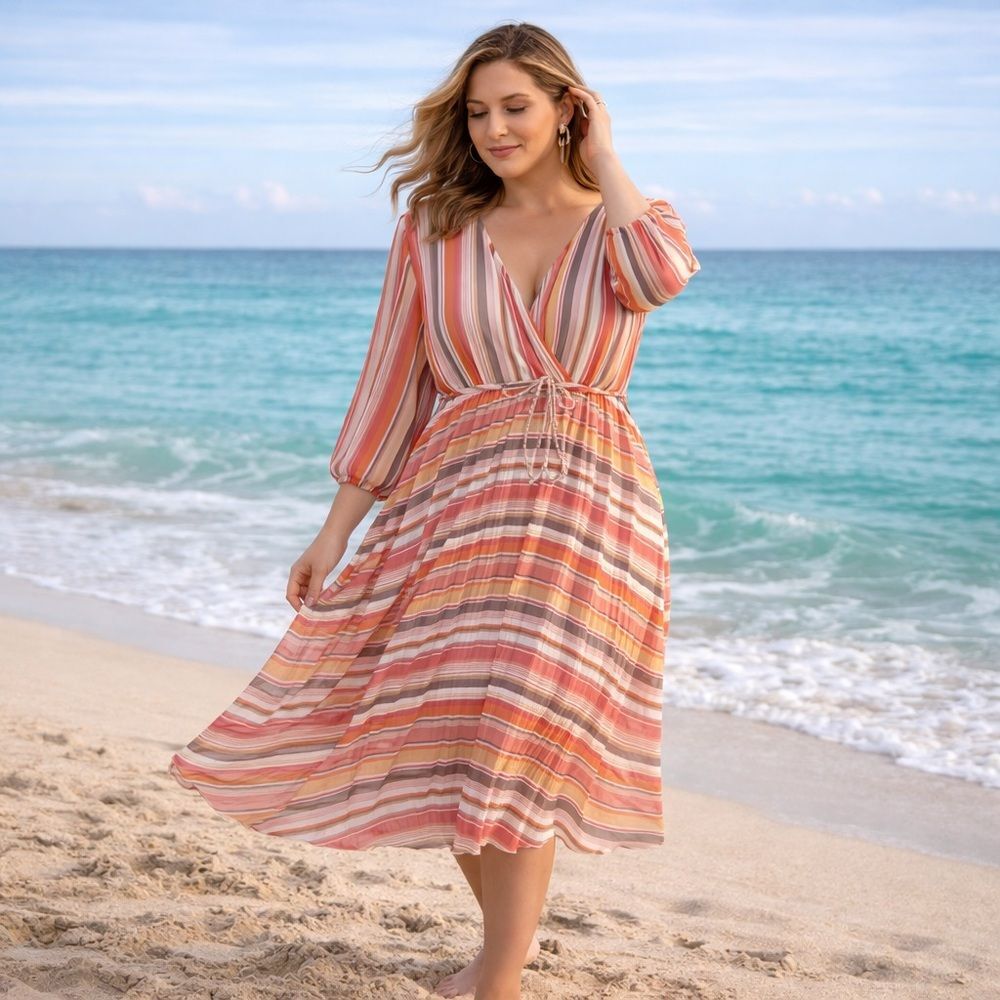 Indigo Rose Striped Wrap Dress 3X Beach Boho Romantic Tie Waist Flowy Feminine - Picture 4 of 9